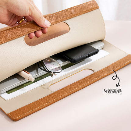 A4 Leather Magnetic Satchel Document Bag Custom Logo Folder Large Capacity File Bag Business Contract Storage Bag
