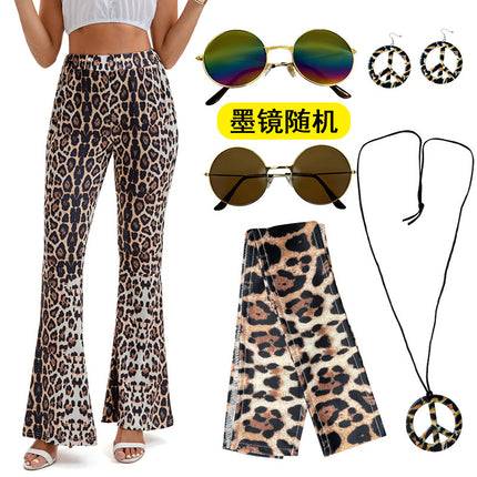 2025 Amazon Hot Selling Women's Hippie Clothing Fashionable Wide Leg Flare Pants Contrast Printed Trousers + Headscarf