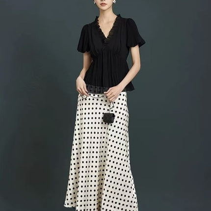 Miu Series Triacetate Polka Dot Skirt Korean Style Satin Polka Dot Elastic Waist Bias-Cut A-Line Skirt Women's Fishtail Skirt