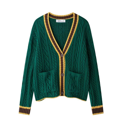 Cross-border European and American Women's AliExpress Explosions Simple All-match V-neck Single-breasted Cable Rope Pattern Knitted Sweater Cardigan