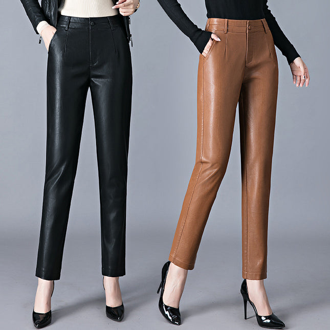 2025 Autumn/Winter New Women's Leather Pants Mid-Waist Outerwear Trousers Slim Fit Sheepskin Leggings