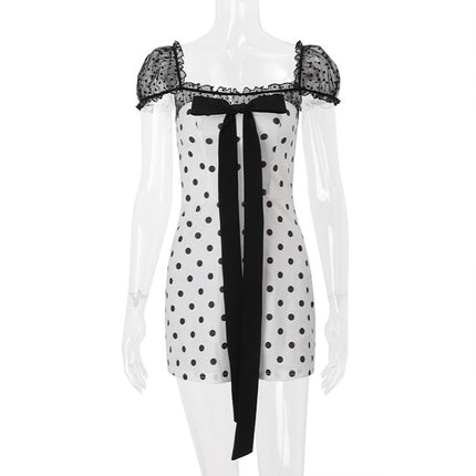 French-Style Cross-Border Popular Women's Polka Dot Mesh Splicing Bow Ribbon Fashion Sexy Hot Girl Short Dress