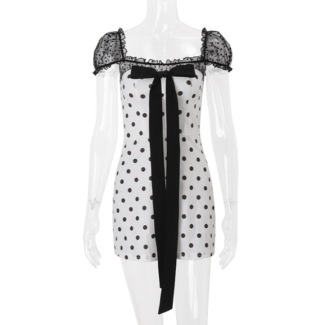 French-Style Cross-Border Popular Women's Polka Dot Mesh Splicing Bow Ribbon Fashion Sexy Hot Girl Short Dress