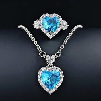 Europe and the United States cross-border foreign trade new trend blue zircon ocean heart pendant ring earrings suit female j7531