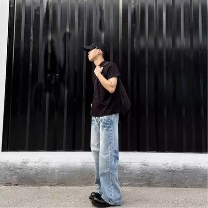 American Retro Crackle Design Washed Light Blue Jeans Men's Casual Loose Versatile Stylish Straight Pants