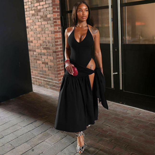 Vacation Style European and American Cross-Border Summer Women's Halterneck Lace-Up Backless Slit Fashion Casual Sexy Skirt Suit Trendy