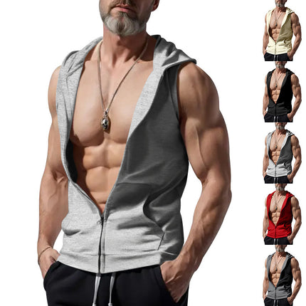 Amazon Summer Foreign Trade Men's Hooded Cardigan Zipper Sweatshirt Sleeveless Casual Vest Sports Jacket Men
