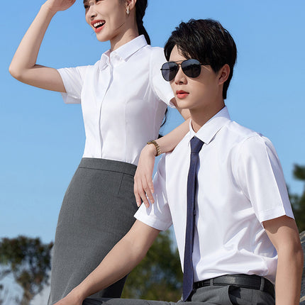 Summer Men's Formal White Shirt Business Casual Short-Sleeved Knitted Shirt Men's and Women's Professional Formal Work Clothes Inch Shirt