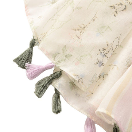 Fresh plain cotton and linen hand scarf White small floral tassel travel photo decorative shawl sunscreen beach towel