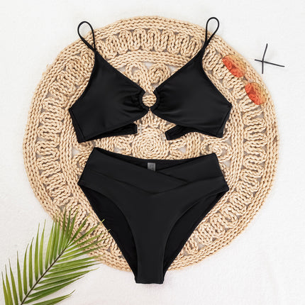2025 New Bikini Cross-border European and American Trade Solid Color Pleated High Waist Sexy Bikini Split Swimwear