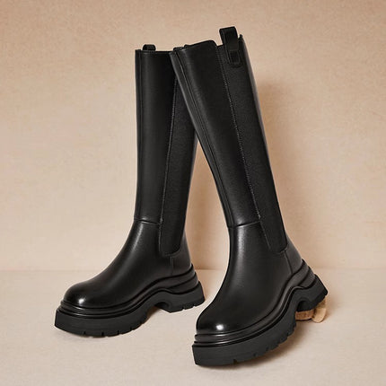 Black Knee-High Thick-Soled Knight Boots Sleeve Chelsea Boots for Women 2025 Autumn and Winter New High Fashion Boots