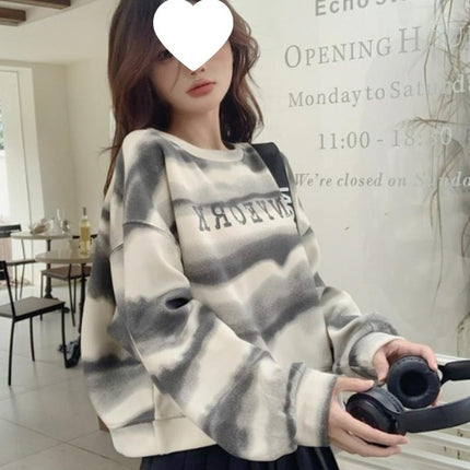 South Korea's Dongdaemun Tie-Dye Stripesd Printed Short Sweatshirt for Women Autumn 2024 New Loose High-Waisted Round Neck Top
