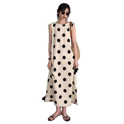 French Style Sleeveless Polo Dot dress Women's Summer New Style Elegant Long Dress Seaside Vacation Loose Slimming Beautiful Dress