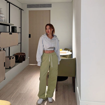 New 2026 Spring and Autumn Korean Style Hooded Solid Color Simple American-Style Zip-Up Cardigan Jacket, Trendy Crop Top Sweatshirt for Women