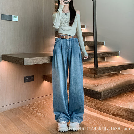 Narrow Wide-Leg Jeans for Women, High-Waisted, Popular in Spring 2026, Pleated Design, Loose, Slimming, Straight-Leg, Floor-Length Pants