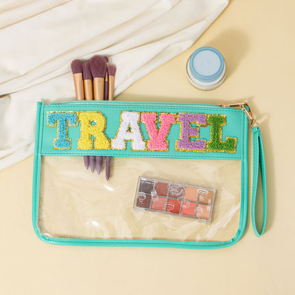 Cross-border Exclusive Explosive Towel Embroidered Letter Transparent PVC Cosmetic Bag PU Portable Storage Bag Sniffer Bag Envelope Bag