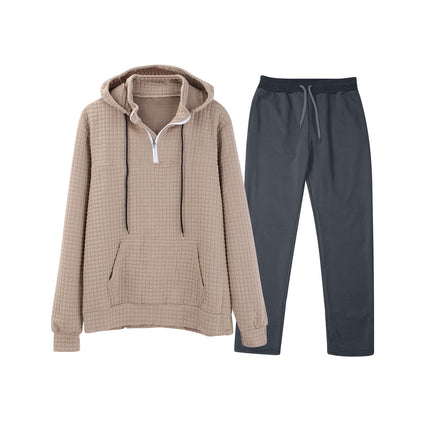 European and American Cross-Border Long-Sleeved Waffle Top Aliexpress Solid Color Drawstring Pocket Hoodie Sweatshirt and Sweatpants Set