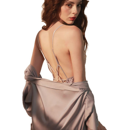Ice Silk Satin Nightgown with Chest Pads, Lace, Pure Desire Style, Backless, Purple Sexy Nightwear, Loungewear Set with a High-End Feel