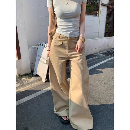Vintage Khaki Casual Straight-Leg Pants for Women 2025 Summer New Drape High-Waisted Slimming Floor-Length Wide-Leg Pants