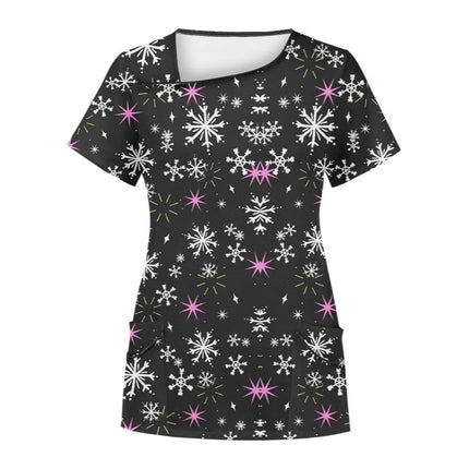 Cross-Border Aliexpress Amazon Women's Short-Sleeved Christmas Positioning Printed Flap Pocket Pants Top Scrub Clothes T-Shirt