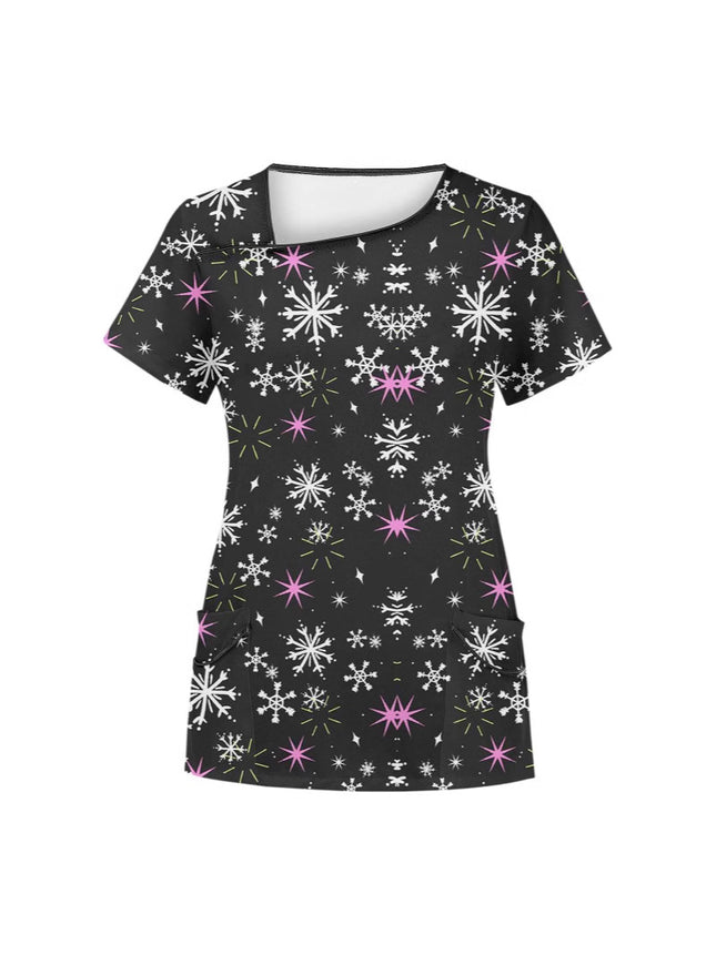 Cross-Border Aliexpress Amazon Women's Short-Sleeved Christmas Positioning Printed Flap Pocket Pants Top Scrub Clothes T-Shirt