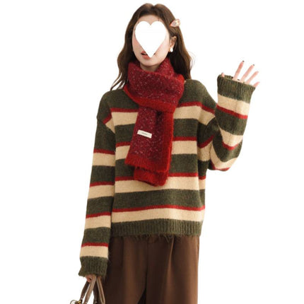 Retro Green Striped Design Thick Sweater Simple Women's Winter Lazy Loose Stylish Top