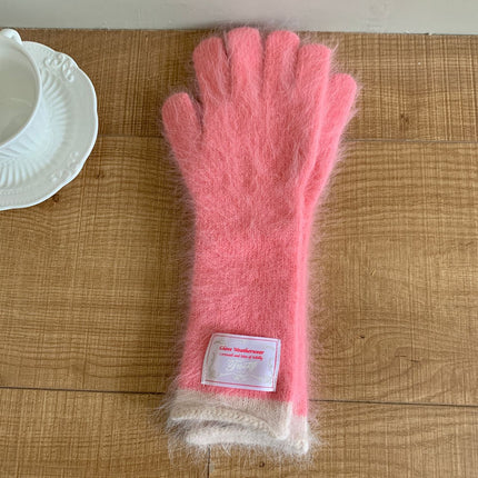 Ins blogger with rabbit fur long gloves color matching knitted finger can play mobile phone cloth label fashion ladies gloves