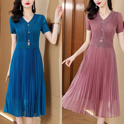 Miyake Pleated Magic Fashion dress 2025 Summer New V-Neck Short-Sleeved Stitching Slimming Pleated Skirt
