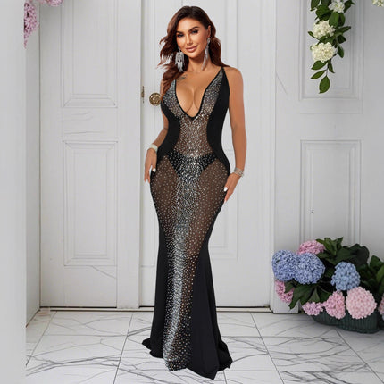 9525 Cross-border Women's New Sexy Perspective Sleeveless Deep V Rhinestone Mesh Nightclub Party dress