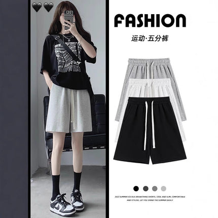 Sports Shorts Women's Summer Loose Straight Hong Kong Flavor Slimming Casual Ins Trendy Wide-Leg Medium Pants Grey 5-Pants