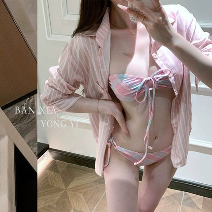Source Manufacturer Sweet Girl Retro Plaid Sexy Small Breast Halter Simple Tube Top Bikini Split Swimsuit