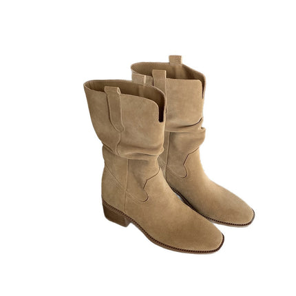 Cowhide Version ~ Slim Knight Boots 2025 New V-Mouth Thick Heel Heightening Slimming Large Tube Short Boots Women's Boots