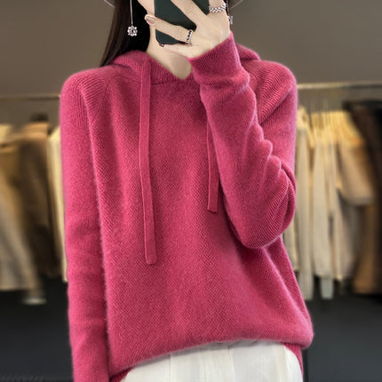 First-line clothing pure wool 2025 spring new women's short solid color hoodie pullover base sweater sweater