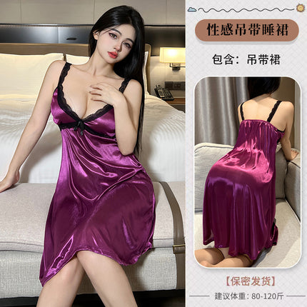 Sexy Strap Nightgown Backless Lace Nightgown Summer Sexy Pure Satin Sexy Nightgown Home Thin Nightgown