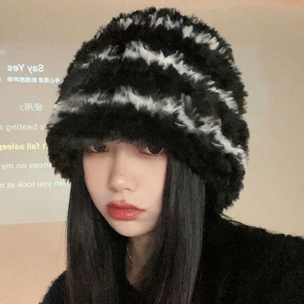 Winter color matching Korean style women's striped face-looking plush warm knitted wool hat big head circumference ear protection pile hat