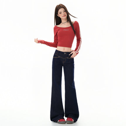 American-Style Front Pocket Flared Jeans for Women, 2025 Autumn and Winter New Low-Waist Loose Slimming Horse Hoof Flared Pants