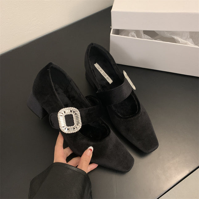 2025 Spring and Summer New Style Women's Shoes with Square Head Flat Bottom Shallow Shoes with Water Diamond Buckle Flat Heel Shoes Suede Shoes