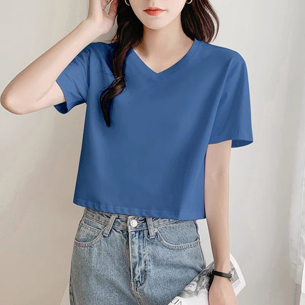 Bright Red V-Neck Short T-Shirt for Women, Summer Loose Short-Sleeve Versatile Petite High-Waisted Crop Top Base Layer