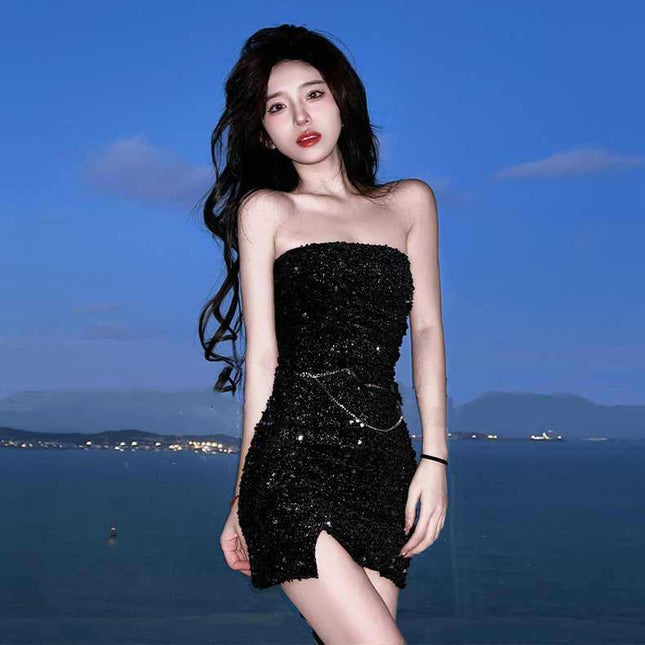 Nightclub Sexy Sequins Strapless dress Women's High-end Fashionable Elegant Waist Banquet Evening Dress Hip Skirt