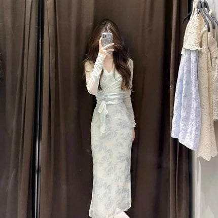 French Green v Neck Floral Mesh Long-sleeved Dress Women's Cardigan Sense Slim Waist Elegant Two-piece Set