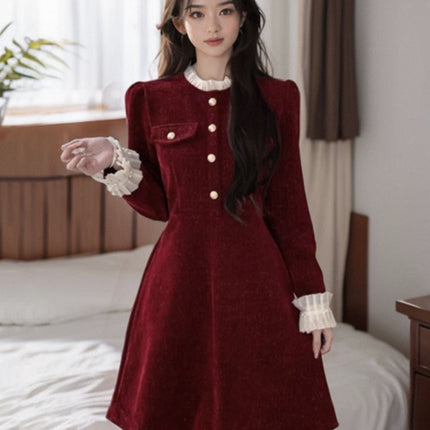 Chinese New Year's War Gown New Year Red Fragrance Style dress Women's Autumn and Winter Small Annual Meeting Dress Light Luxury