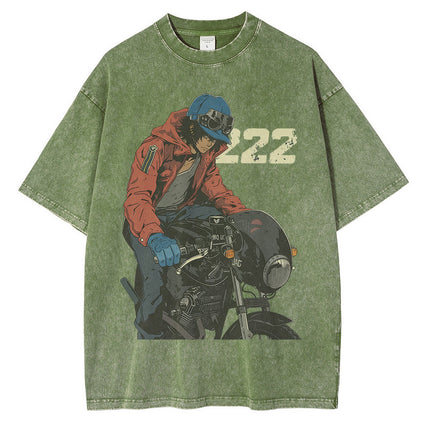 Heavyweight Cotton Washed t Shirt Anime Character Motorcycle