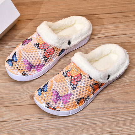 Velvet Cut Out Clogs, Home Casual Slip-On Warm Cotton Slippers, Autumn and Winter Cute Butterfly Garden Shoes, Comfortable