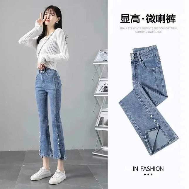 Vintage Blue Slip Micro-flared Jeans Women's Trendy All-match New High Waist Slimming Cropped Irregular Flared Pants