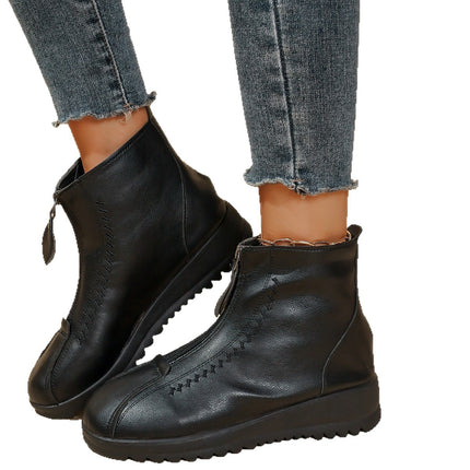 Cross-Border Export Large Size Snow Boots for Middle-Aged and Elderly Soft Leather Boots with Zipper and Velvet Thick Sole Warm Wedge Short Boots Mom Boots