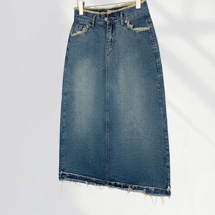 Pear-shaped figure recommend Korean style new retro frayed Denim skirt women's high waist mid-length A- line skirt small