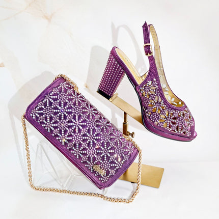 Queenyan Export Open-Toe Women's Shoes and Bags Set, Cut Out Design, Exquisite Hot Diamonds, Elegant Banquet Style