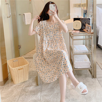 Cotton Silk Nightgown for Women, Summer Thin Short-Sleeved Printed Large Size Nightgown, Pregnant Women Can Wear It Outside, Cool Rayon Home Clothes