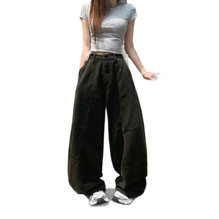 Black and Grey Scimitar Wide Leg Jeans Women's 2025 Summer New Straight Loose High Waist Dummy Slimming Mop Pants