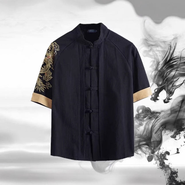 Chinese Ethnic Style Summer Fat Guy Men's Short-sleeved T-shirt with stand collar Cardigan T-shirt Half-sleeved Tang suit Plus Large Size